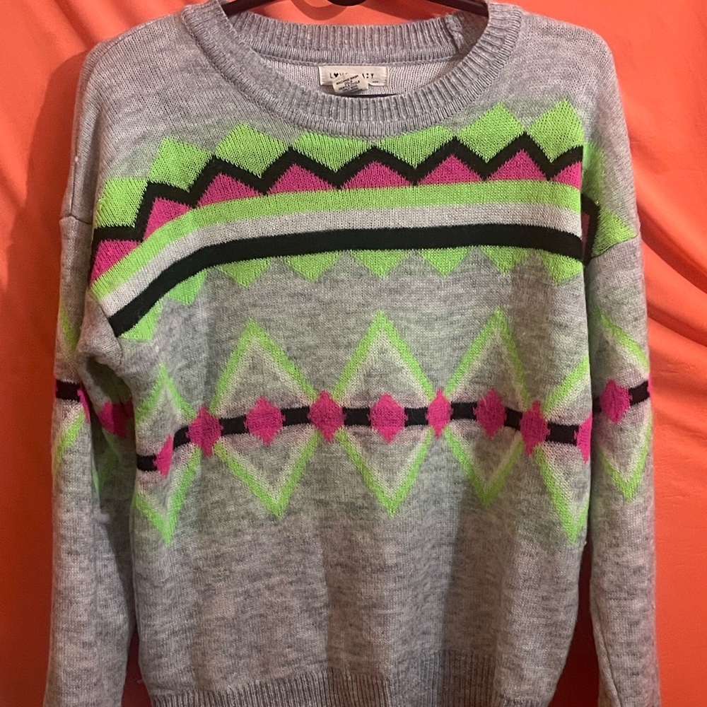 Lovecrazy Womens Pullover Sweater XL Zig Zag Neon Green Pink Grey